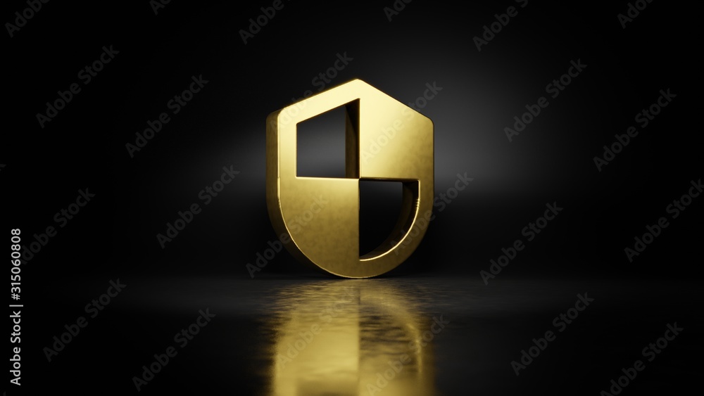 Poster gold metal symbol of shield 3d rendering with blurry reflection on floor with dark background