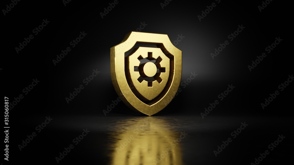 Poster gold metal symbol of shield 3d rendering with blurry reflection on floor with dark background