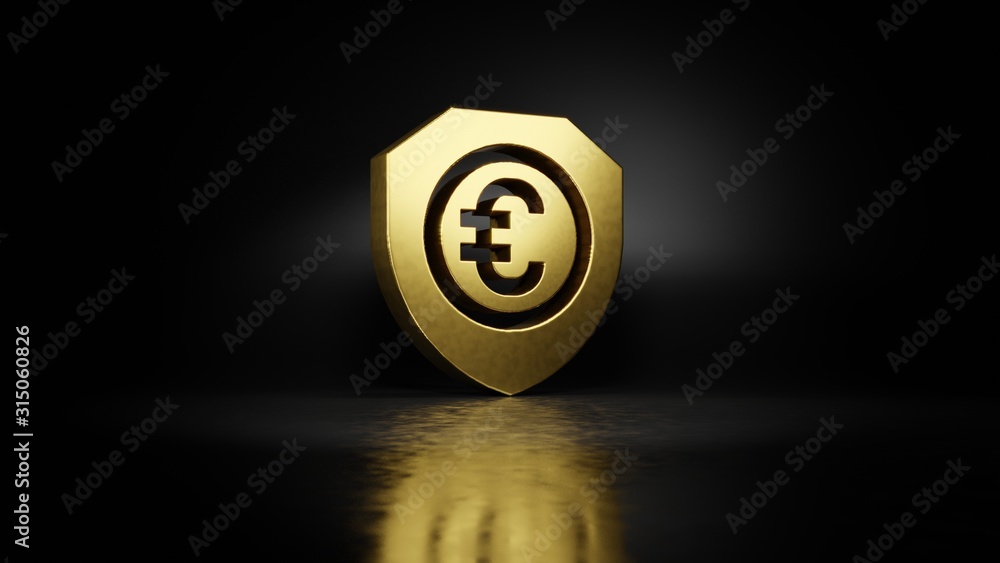 Poster gold metal symbol of shield 3d rendering with blurry reflection on floor with dark background
