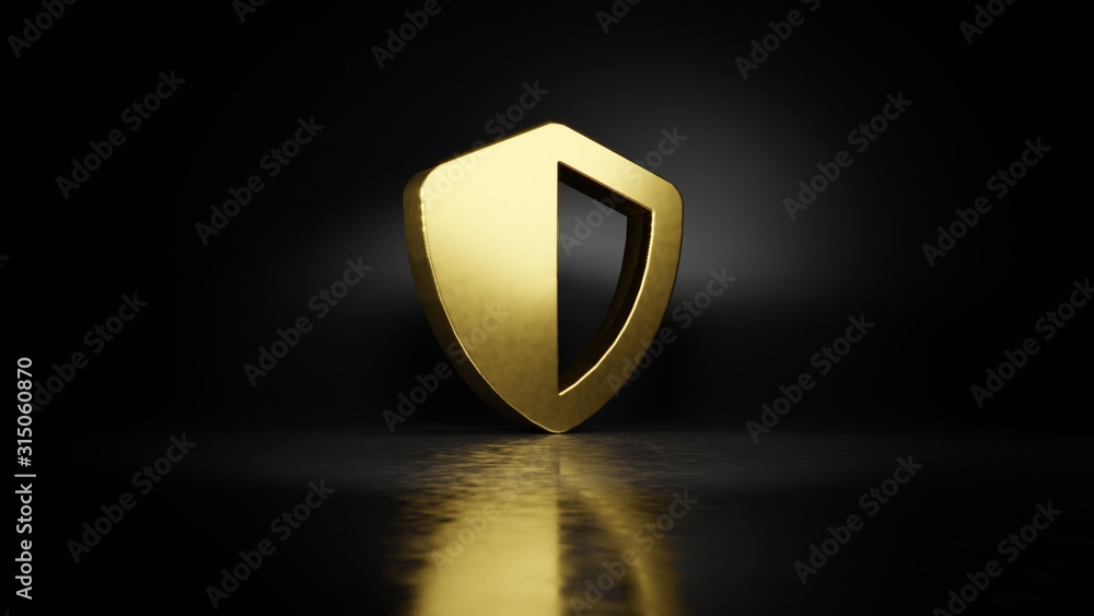 Poster gold metal symbol of shield 3d rendering with blurry reflection on floor with dark background
