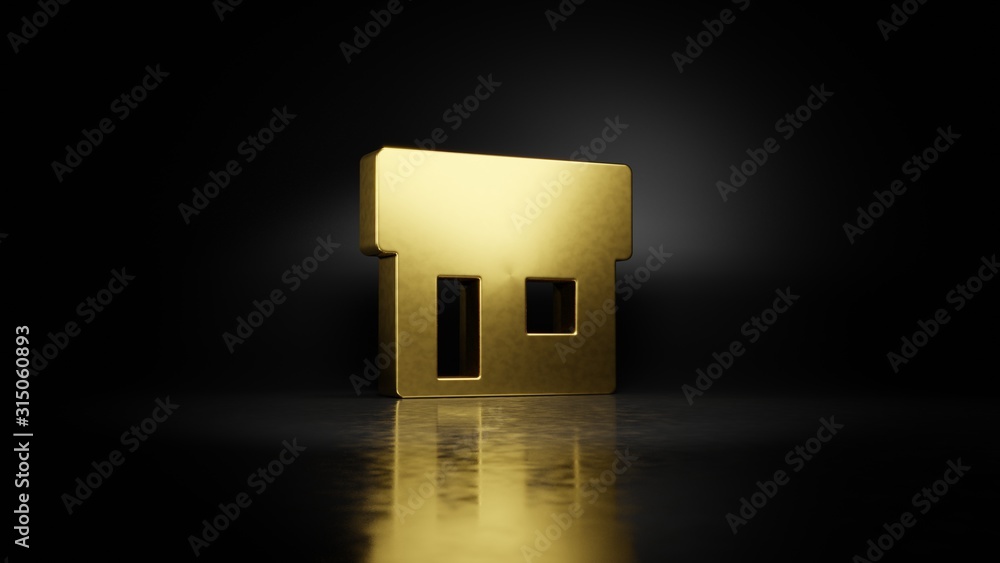 Poster gold metal symbol of shop 3d rendering with blurry reflection on floor with dark background