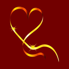 Golden swirling ribbon in the shape of a heart with shining stars. Design element for greeting cards for Valentines Day. For the design of banners, cards and sites, for frames. Vector.