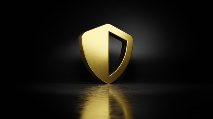 gold metal symbol of shield  3D rendering with blurry reflection on floor with dark background