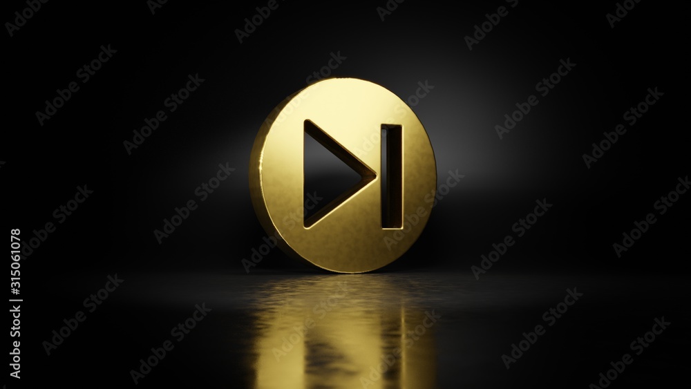 Poster gold metal symbol of skip 3d rendering with blurry reflection on floor with dark background