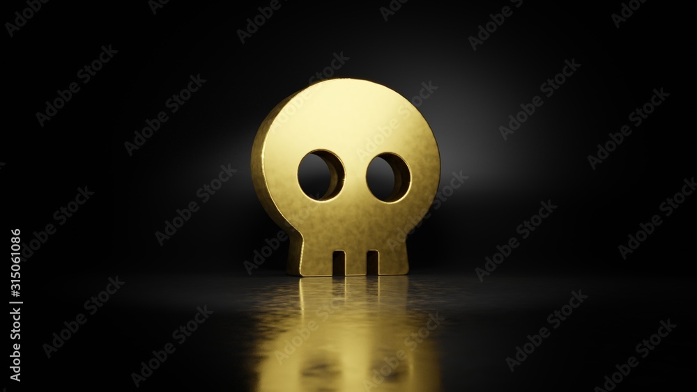 Poster gold metal symbol of skull 3d rendering with blurry reflection on floor with dark background