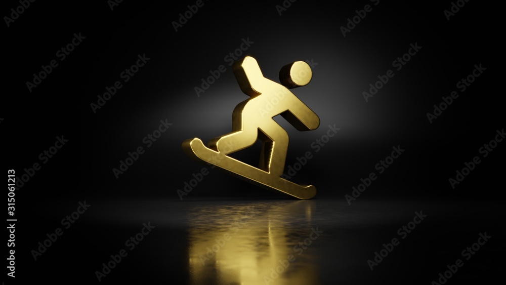 Poster gold metal symbol of snowboarding 3d rendering with blurry reflection on floor with dark background