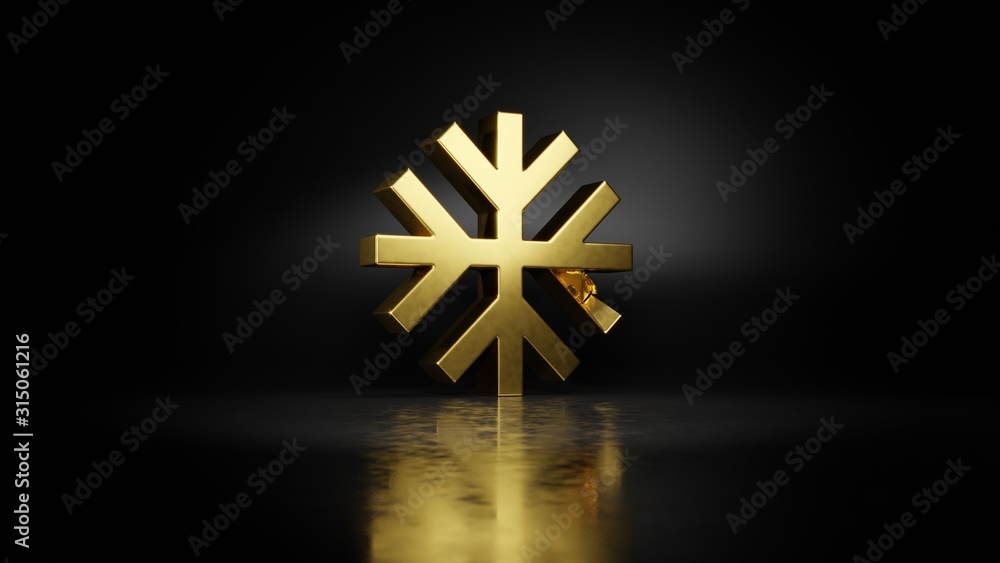 Aufkleber gold metal symbol of snowflake 3d rendering with blurry reflection on floor with dark background