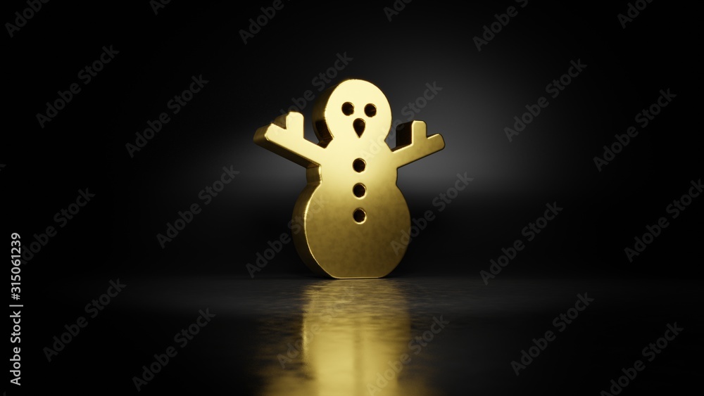 Poster gold metal symbol of snowman 3d rendering with blurry reflection on floor with dark background