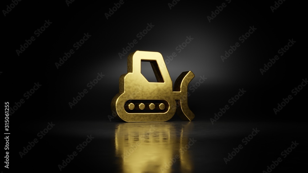 Poster gold metal symbol of snowplow 3d rendering with blurry reflection on floor with dark background
