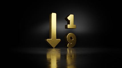 gold metal symbol of sort numeric down 3D rendering with blurry reflection on floor with dark background
