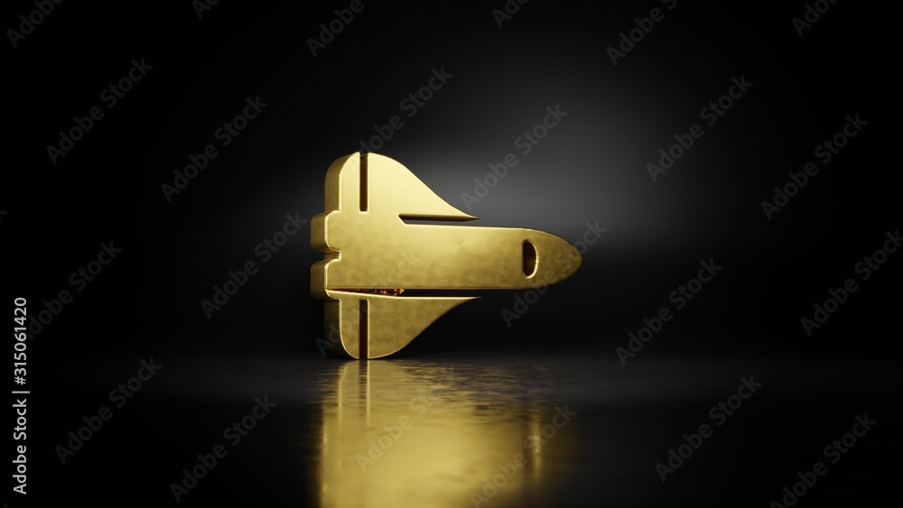 Poster gold metal symbol of space shuttle 3d rendering with blurry reflection on floor with dark background