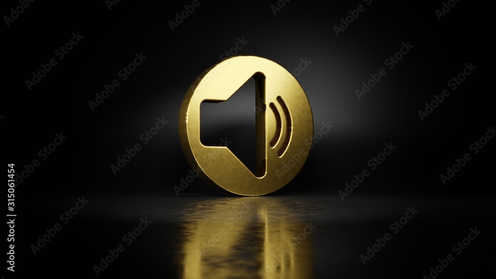 Poster gold metal symbol of speaker 3d rendering with blurry reflection on floor with dark background