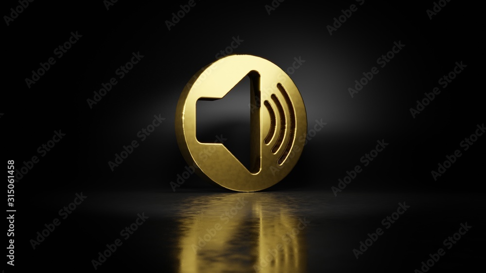 Poster gold metal symbol of speaker 3d rendering with blurry reflection on floor with dark background