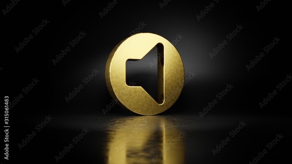 Poster gold metal symbol of speaker 3d rendering with blurry reflection on floor with dark background