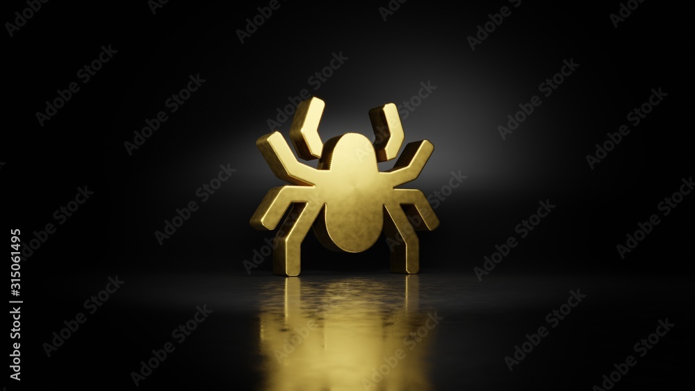 Poster gold metal symbol of spider 3d rendering with blurry reflection on floor with dark background
