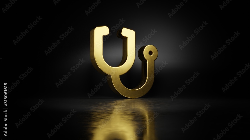Poster gold metal symbol of stethoscope 3d rendering with blurry reflection on floor with dark background