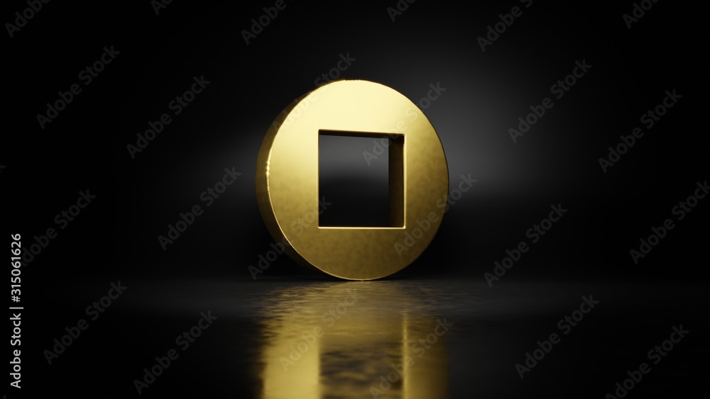 Poster gold metal symbol of stop 3d rendering with blurry reflection on floor with dark background