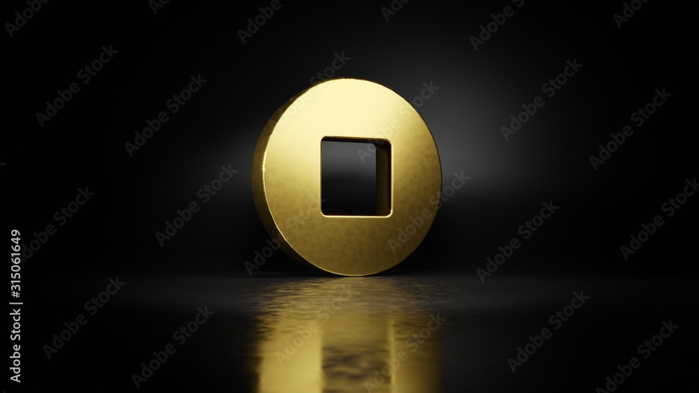 Poster gold metal symbol of stop circle 3d rendering with blurry reflection on floor with dark background