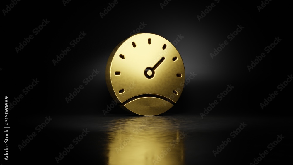Poster gold metal symbol of stopwatch 3d rendering with blurry reflection on floor with dark background