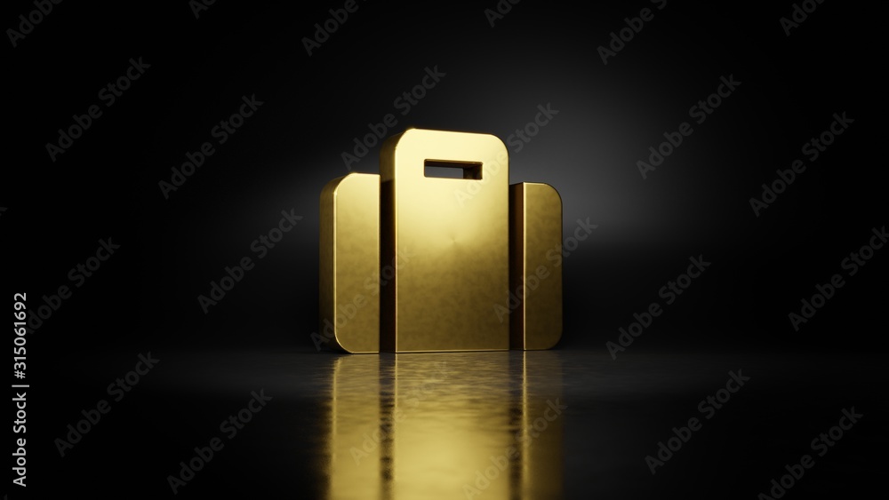 Poster gold metal symbol of suitcase 3d rendering with blurry reflection on floor with dark background