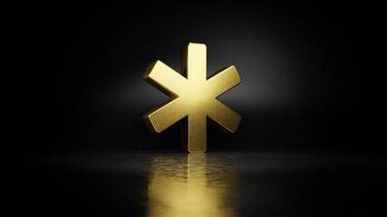 gold metal symbol of star of life 3D rendering with blurry reflection on floor with dark background