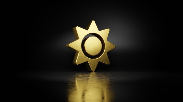 Gold Metal Symbol Of Sun 3D Rendering With Blurry Reflection On Floor With Dark Background