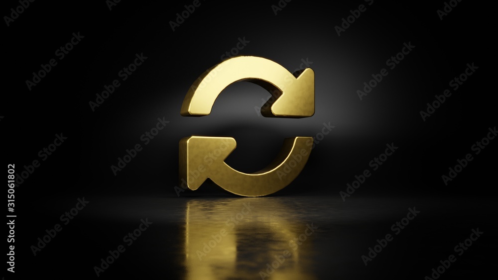 Poster gold metal symbol of sync alt 3d rendering with blurry reflection on floor with dark background