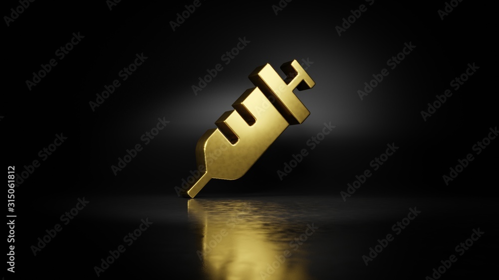 Poster gold metal symbol of syringe 3d rendering with blurry reflection on floor with dark background