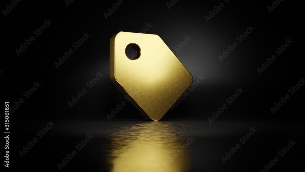Poster gold metal symbol of tag 3d rendering with blurry reflection on floor with dark background