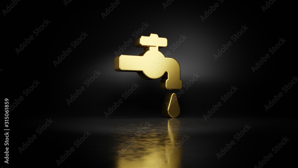 Poster gold metal symbol of tap 3d rendering with blurry reflection on floor with dark background