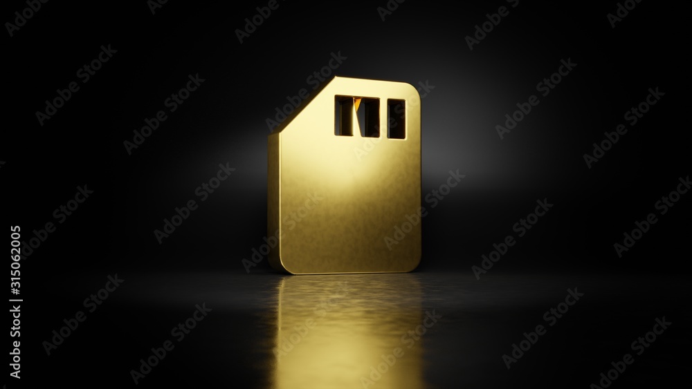 Poster gold metal symbol of technology 3d rendering with blurry reflection on floor with dark background