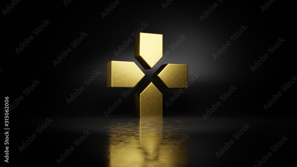 Poster gold metal symbol of technology 3d rendering with blurry reflection on floor with dark background