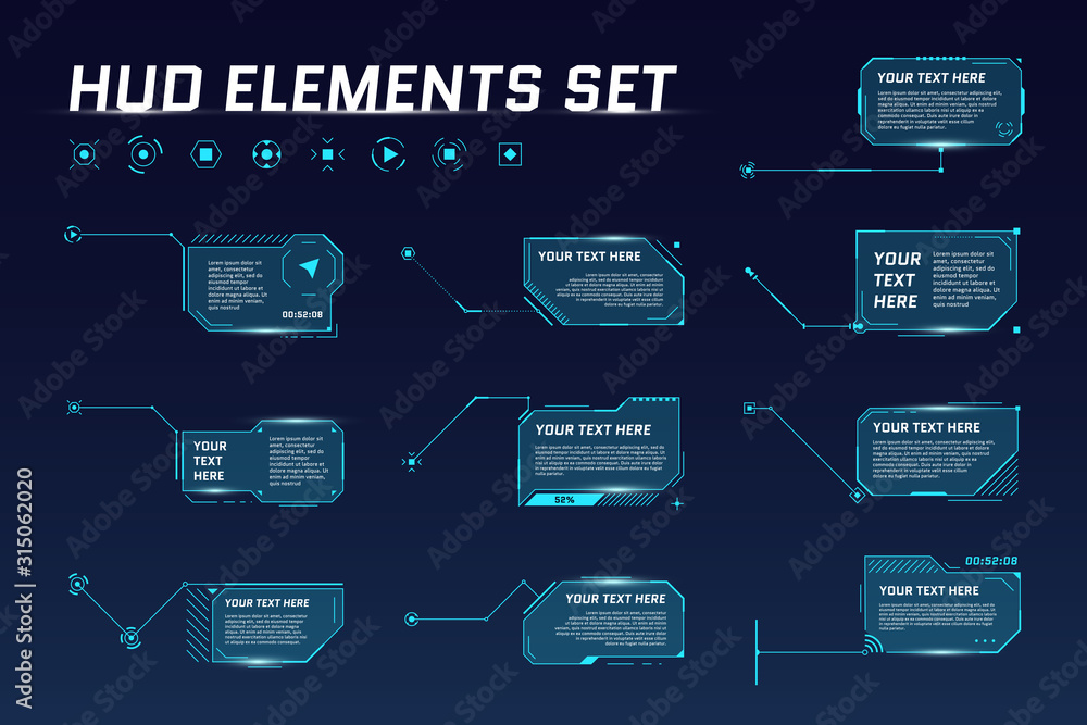 Poster hud digital futuristic callout title set. call out sci fi frame bar labels. presentation or infograp