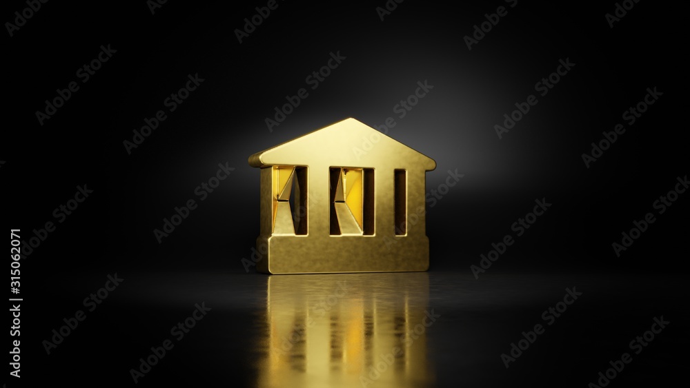 Poster gold metal symbol of temple 3d rendering with blurry reflection on floor with dark background