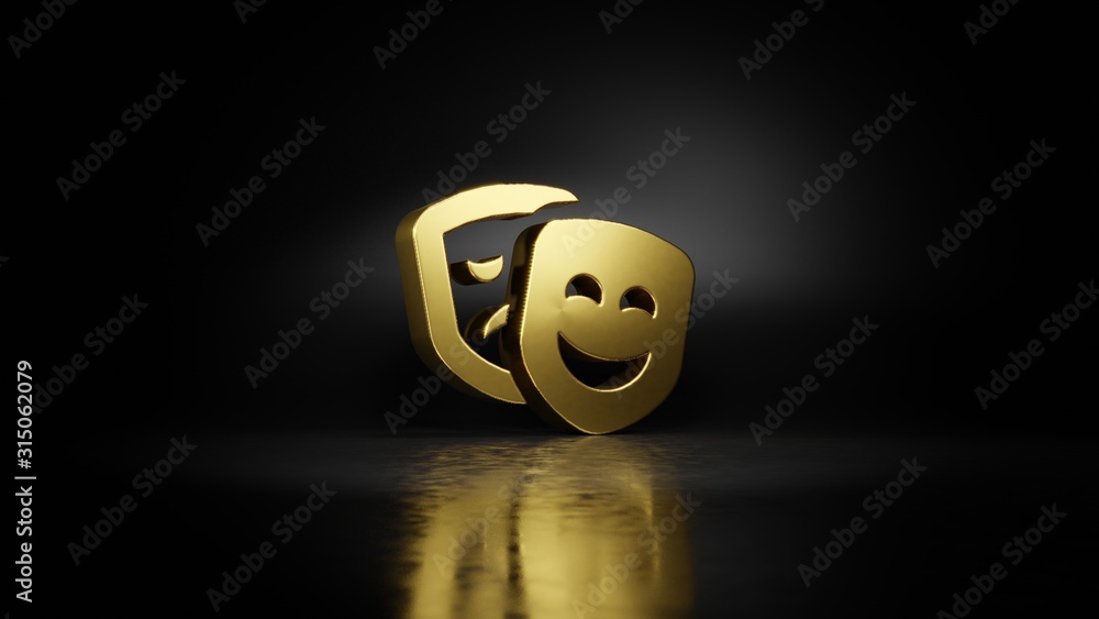 Poster gold metal symbol of theater masks 3d rendering with blurry reflection on floor with dark background