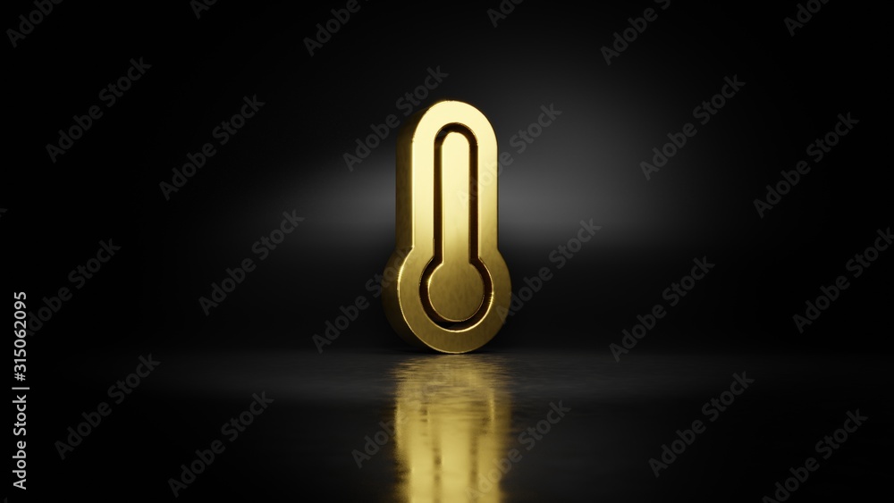 Poster gold metal symbol of thermometer full 3d rendering with blurry reflection on floor with dark backgro