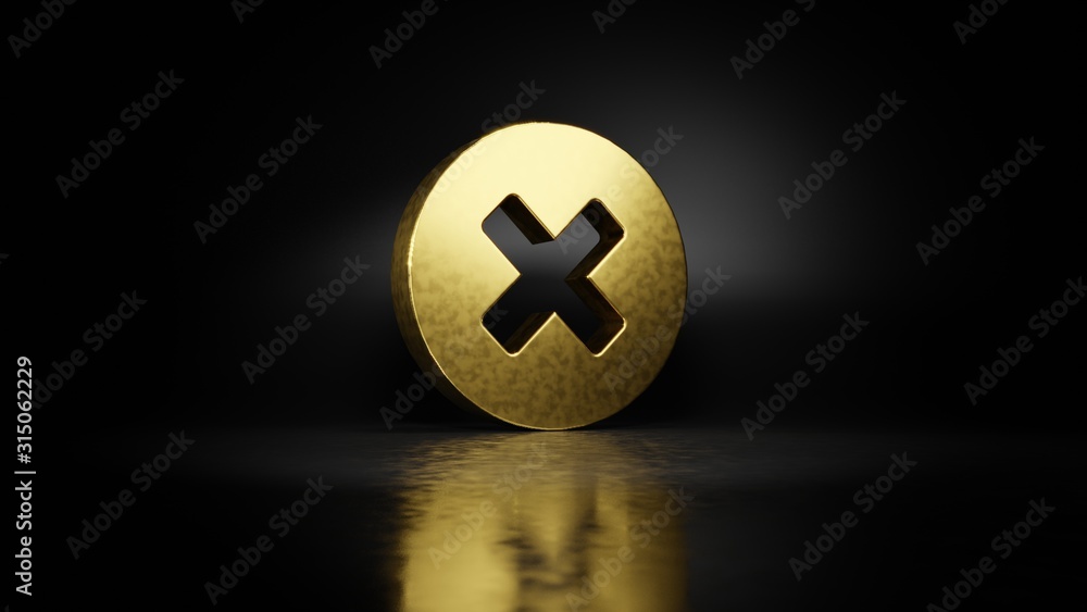 Poster gold metal symbol of times circle 3d rendering with blurry reflection on floor with dark background