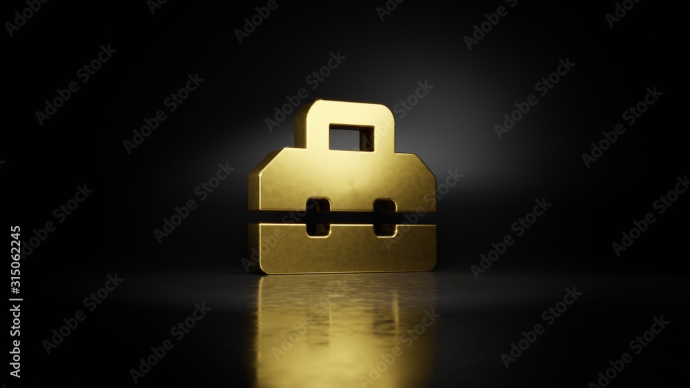 Poster gold metal symbol of toolbox 3d rendering with blurry reflection on floor with dark background