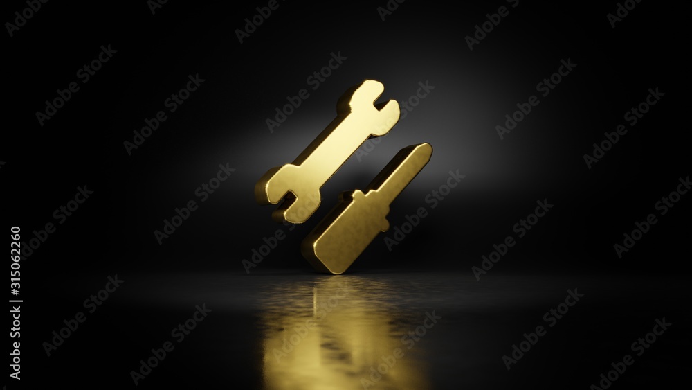 Poster gold metal symbol of tools 3d rendering with blurry reflection on floor with dark background