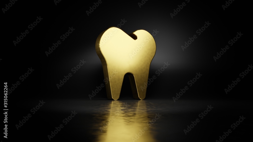 Poster gold metal symbol of tooth 3d rendering with blurry reflection on floor with dark background