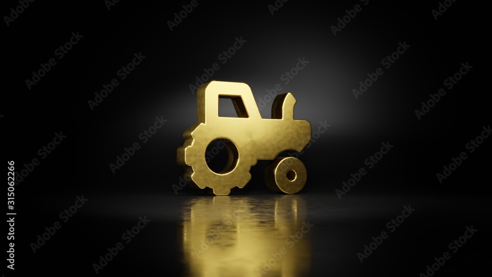 Poster gold metal symbol of tractor 3d rendering with blurry reflection on floor with dark background