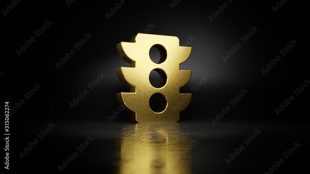 Poster gold metal symbol of traffic light 3d rendering with blurry reflection on floor with dark background