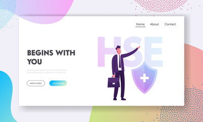 Health Safety Environment Industrial Website Landing Page. Industry Officer in Formal Suit Checking Hse Rules on Factory or Building Construction Web Page Banner. Cartoon Flat Vector Illustration