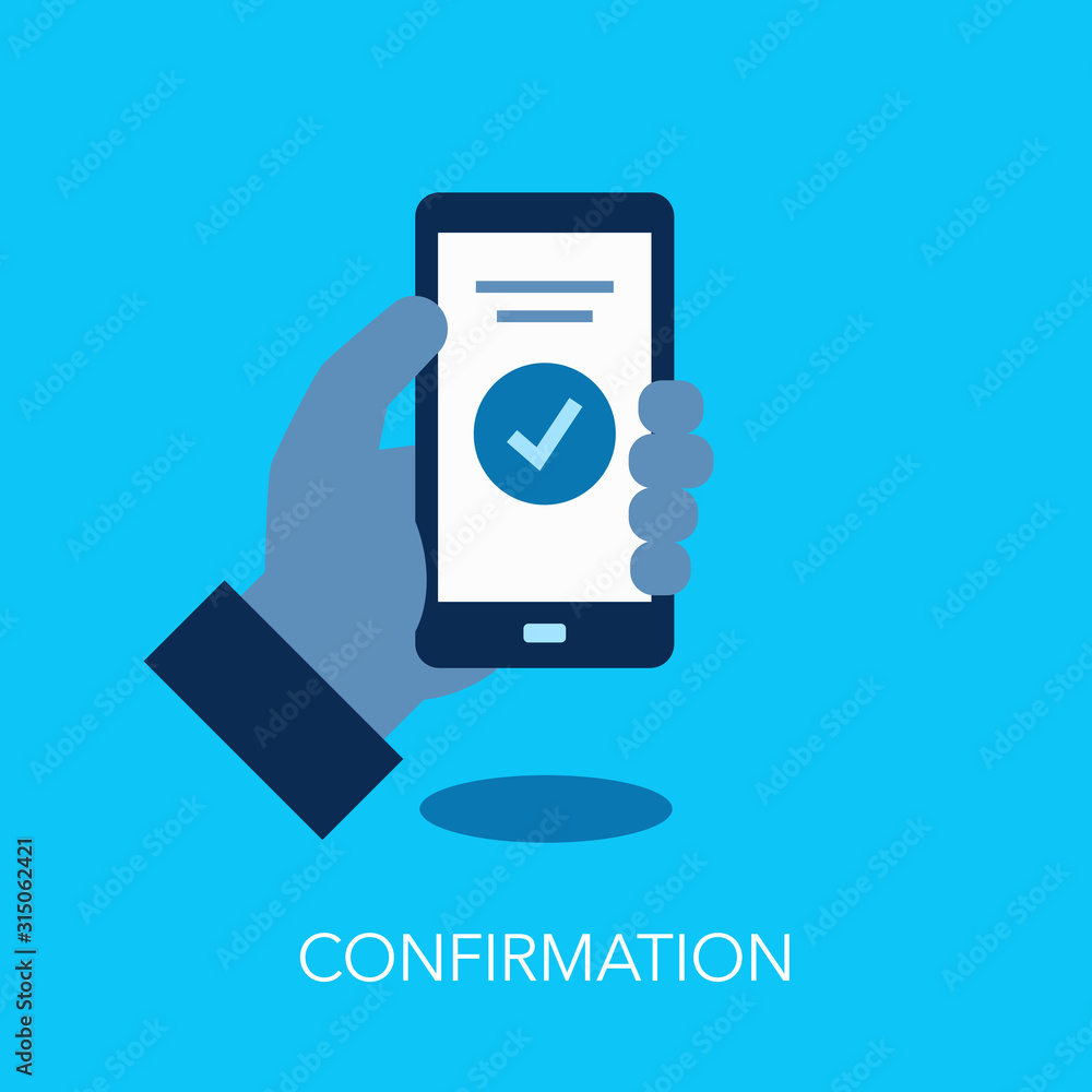 Poster Confirmation flat symbol with hand holding smartphone and verification symbol. Easy to use for your website or presentation.
