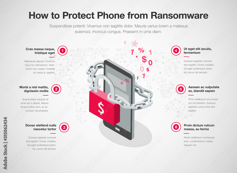 Poster simple infographic for 6 tips how to protect phone from ransomware attacks with smartphone, red padl