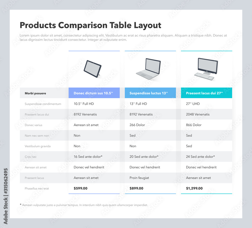 Poster Products comparison table layout with place for description. Flat infographic design template for website or presentation.