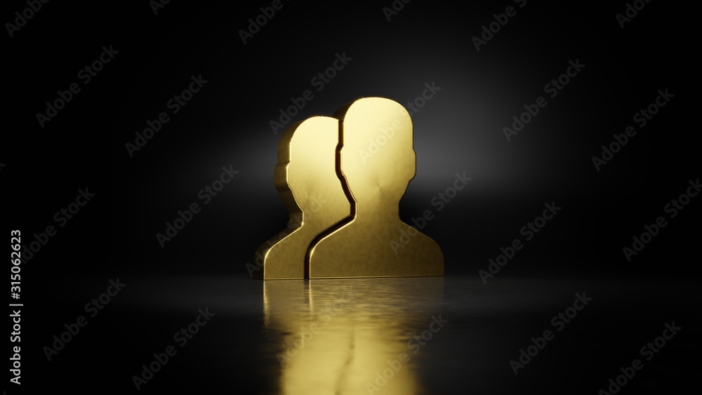 Poster gold metal symbol of users 3d rendering with blurry reflection on floor with dark background