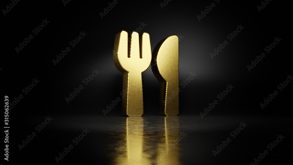 Poster gold metal symbol of utensils 3d rendering with blurry reflection on floor with dark background