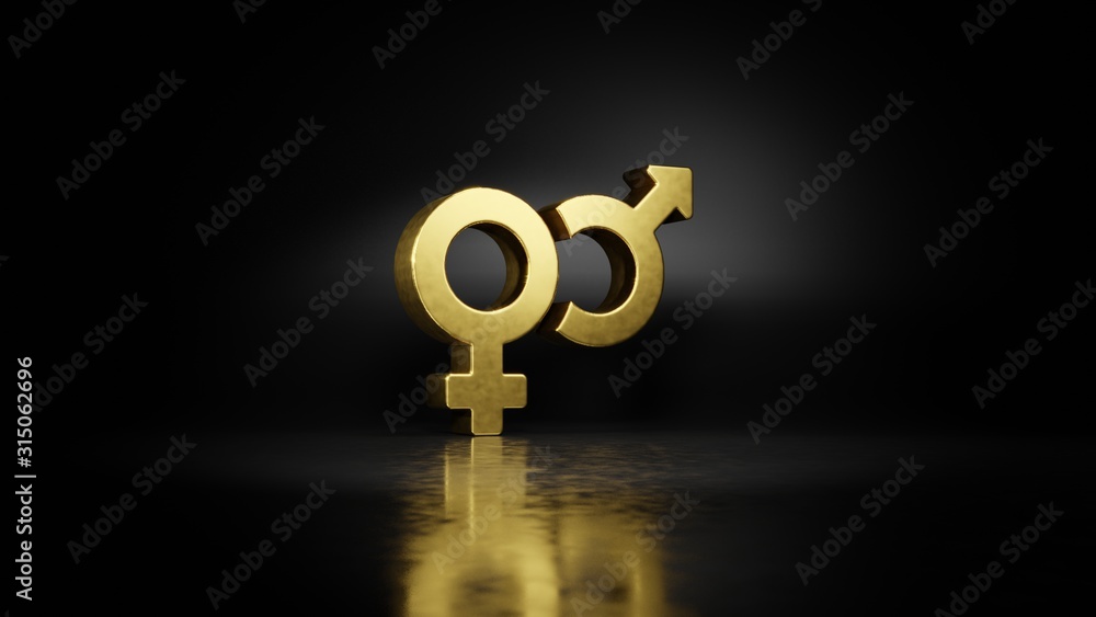Poster gold metal symbol of venus mars 3d rendering with blurry reflection on floor with dark background