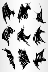 Set of different wings, demons and bats . The silhouette of the wings. Drawing for tattoo.